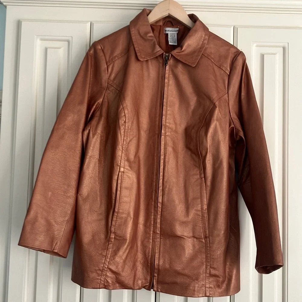 Vintage Jessica London Metallic 100% Leather‎ Zip Up Jacket Size 14 Plus Size